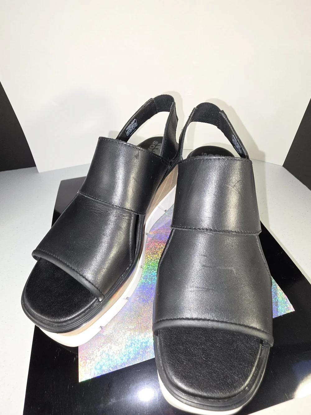 Sorel Joanie III Slingback Platform Wedge Sandals Black Leather 8.5